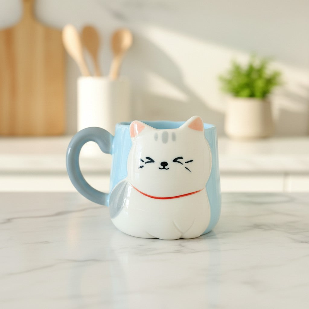 Keeyos PH Kawaii cat mug with blue handle and light blue body, featuring a white cat face with grey stripes and pink ears.