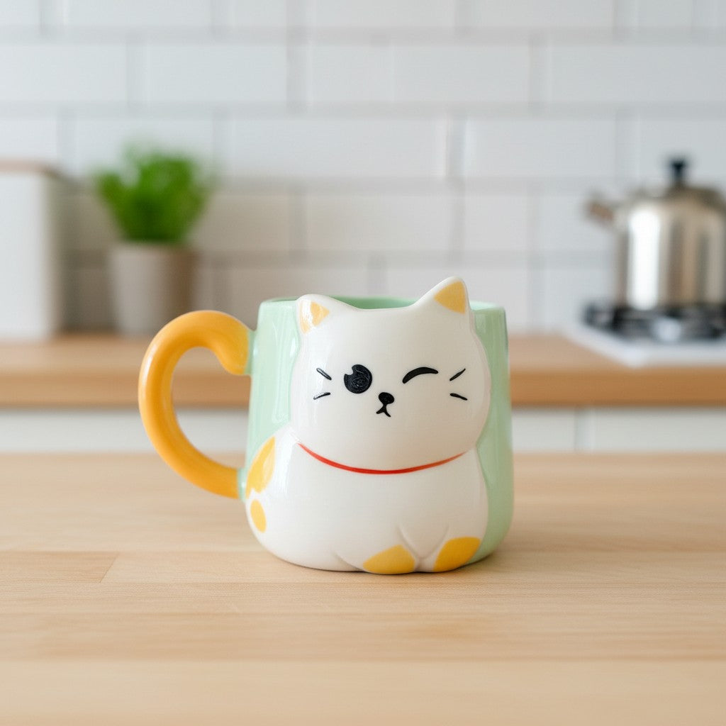 Keeyos PH kawaii cat mug with green body, white face, orange ears, and yellow accents. Features a winking cat face.