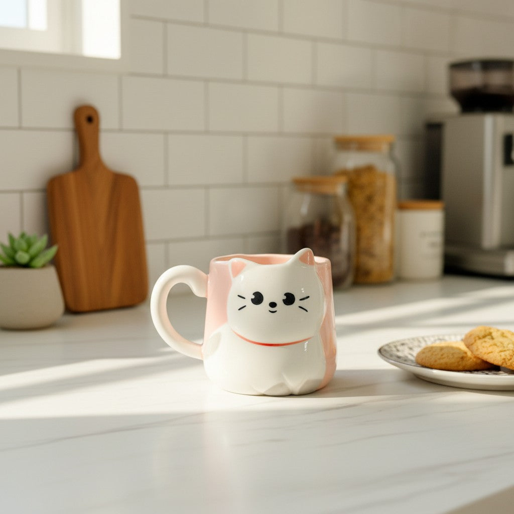 Keeyos PH Kawaii cat mug with pink exterior, white cat face, and grey accents. Features a handle.