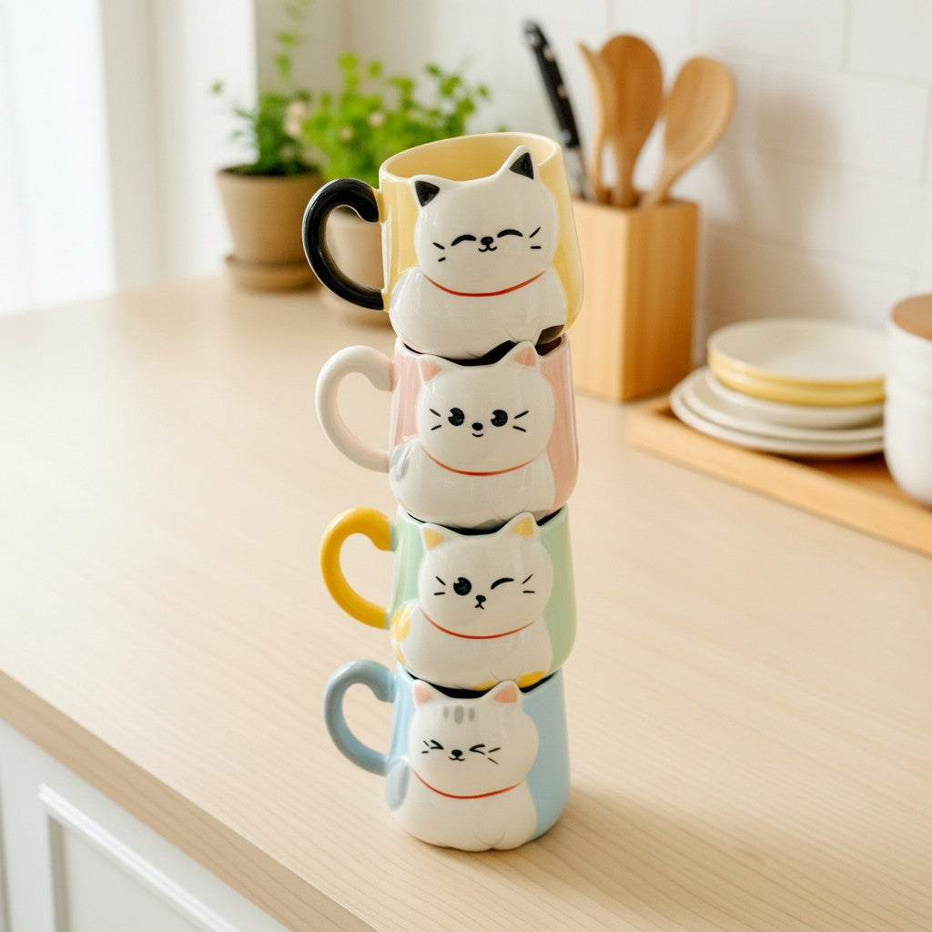 Keeyos PH Kawaii cat mugs in yellow, pink, green, and blue, featuring cute cat faces and colorful handles.