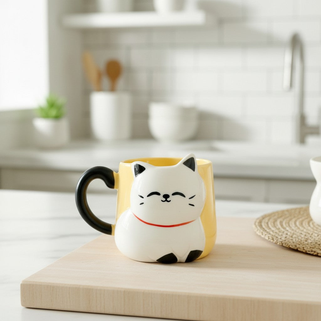 Keeyos PH yellow ceramic mug with a white cat face and black ears, paws, and handle.