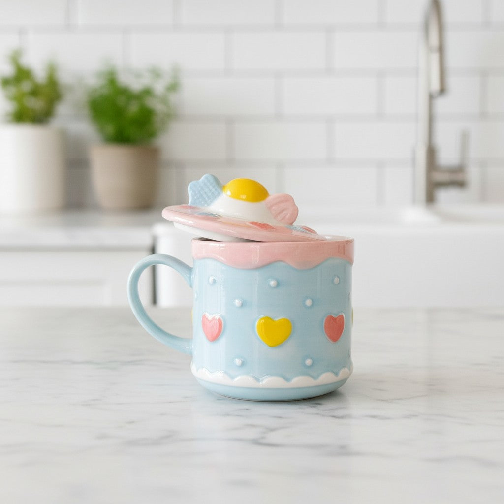 Keeyos PH light blue ceramic mug with pink trim, decorated with hearts and white dots. Lid has a candy design.