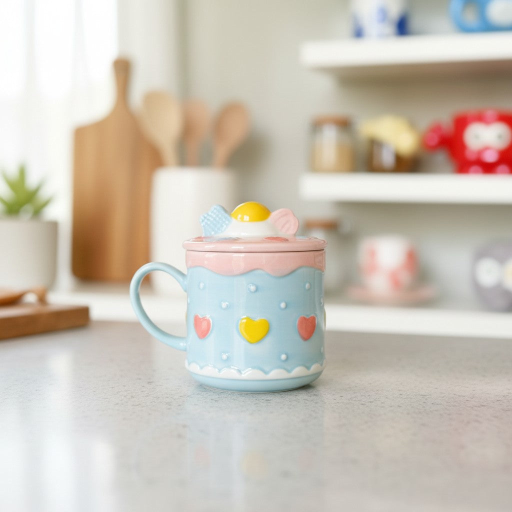 Keeyos PH blue ceramic mug with pink frosting lid, heart details, and a sunny-side-up egg design.