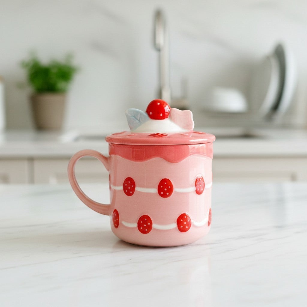 Keeyos PH Kawaii strawberry shortcake mug with pink frosting and red strawberry details. Features a lid with a strawberry topper.
