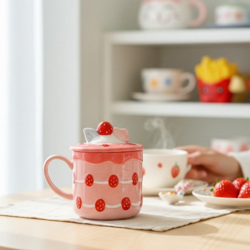 Keeyos PH Kawaii strawberry shortcake mug with pink frosting and red polka dots. Features a lid with a strawberry topper.