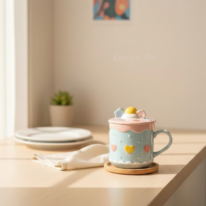 Keeyos PH light blue ceramic mug with pink frosting lid and heart details. Features a cute candy topper.