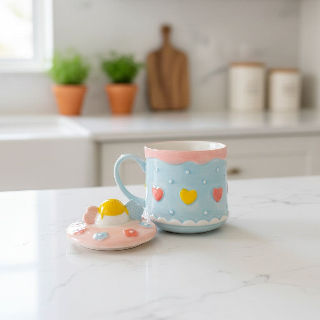 Keeyos PH Kawaii sweetheart mug with a blue body, pink trim, and heart details. Includes a pink lid with a chick figurine.