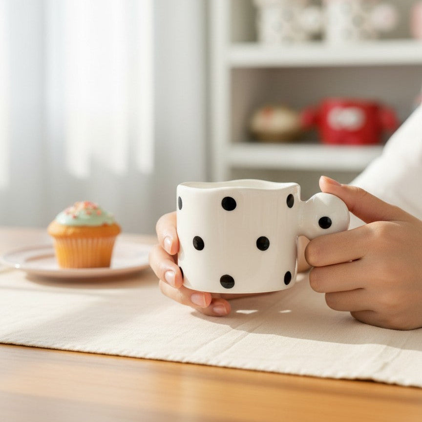 Keeyos PH white ceramic mini cup with black polka dots and a round handle.