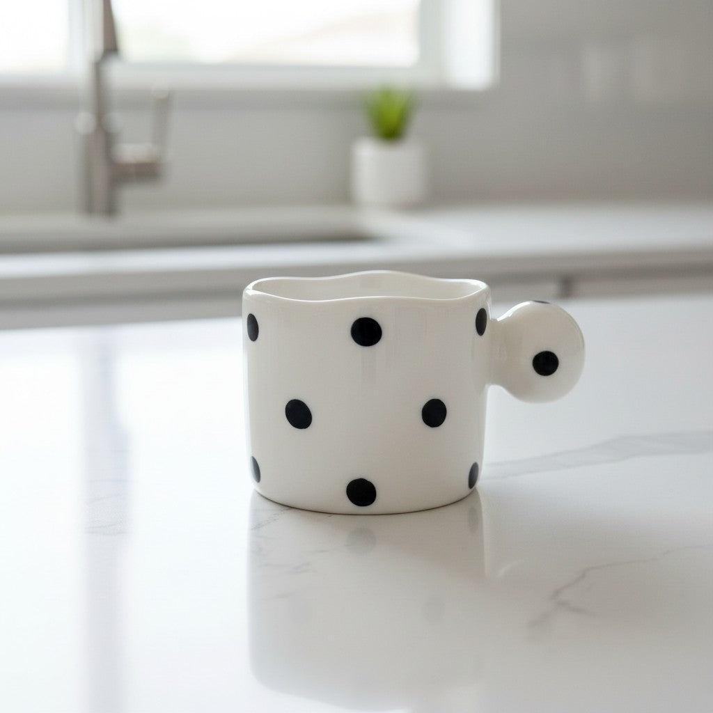 Keeyos PH white ceramic mini cup with black polka dots and a unique spherical handle.