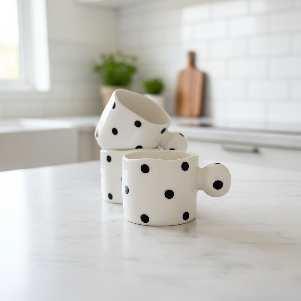 Keeyos PH white ceramic mini cup with black polka dots and a round handle.