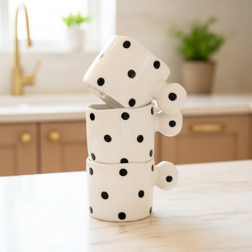 Keeyos PH white ceramic mini cups with black polka dots, stacked on a marble surface.