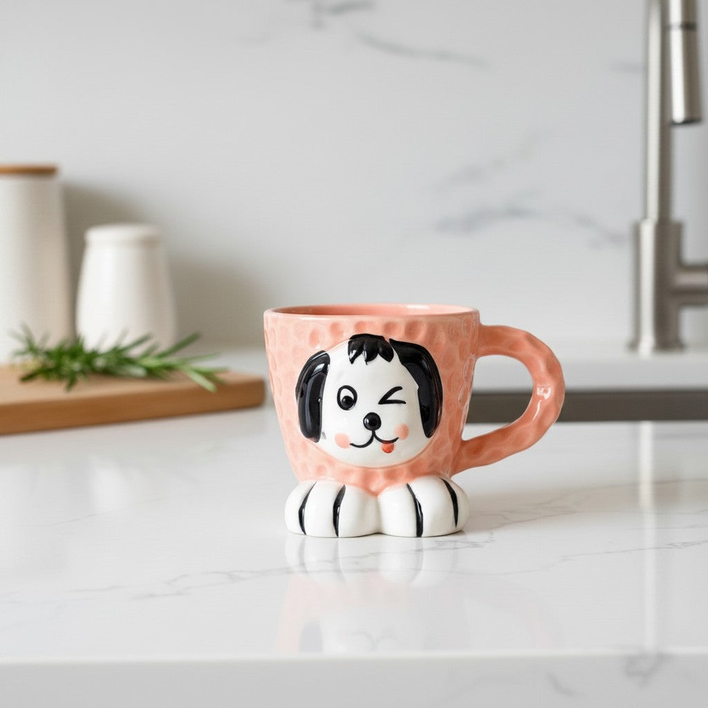 Keeyos PH Mochi Pup Mug in pink with a winking dog face and paw feet. Textured ceramic.