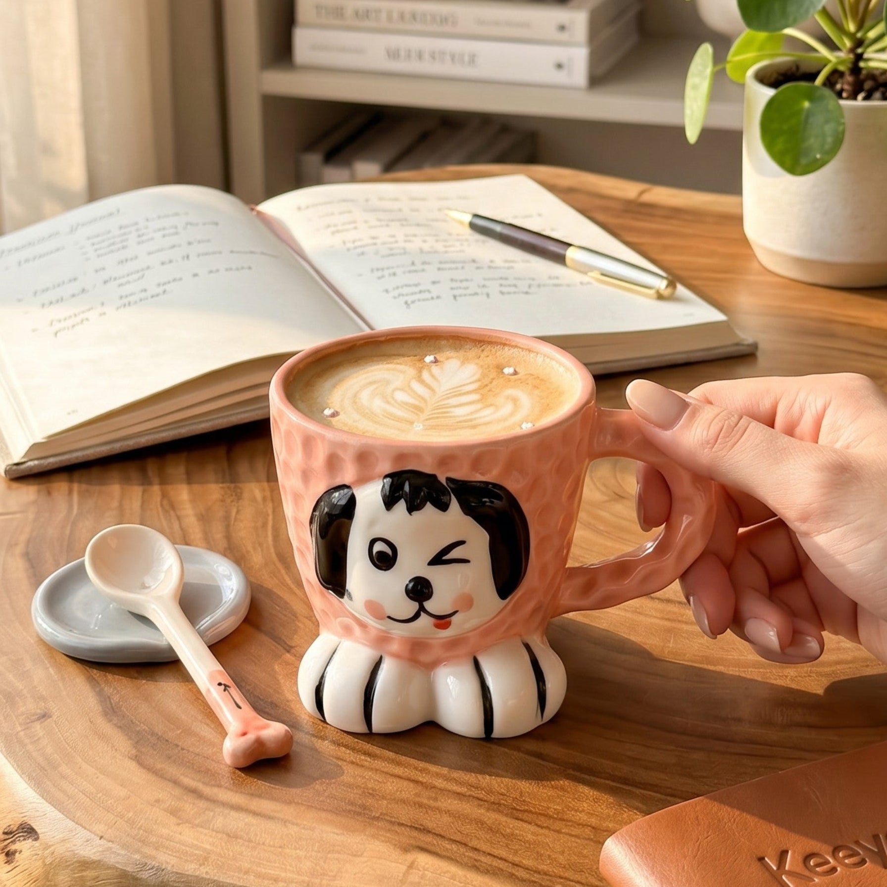 Keeyos PH Mochi Pup Mug, a pink ceramic mug with a playful dog face and paws, winking with its tongue out.