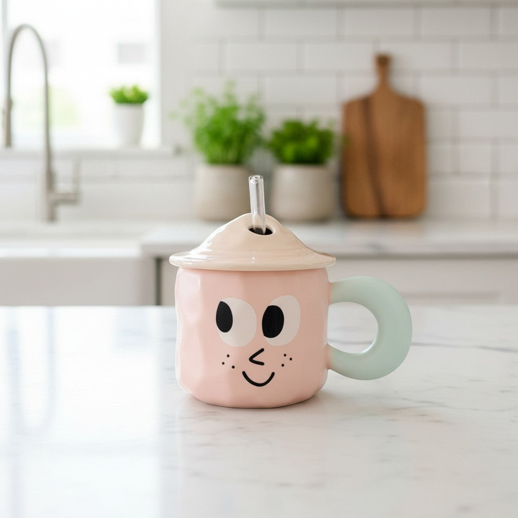 Keeyos PH pink ceramic Bloop Cup with a light pink lid, mint green handle, and a cute face design.