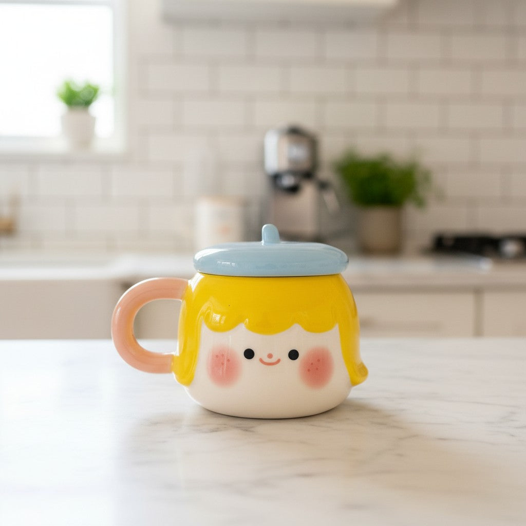 Keeyos PH Pippa Blushing Mug with yellow hair, pink handle, and blue lid. Ceramic mug with cute face.