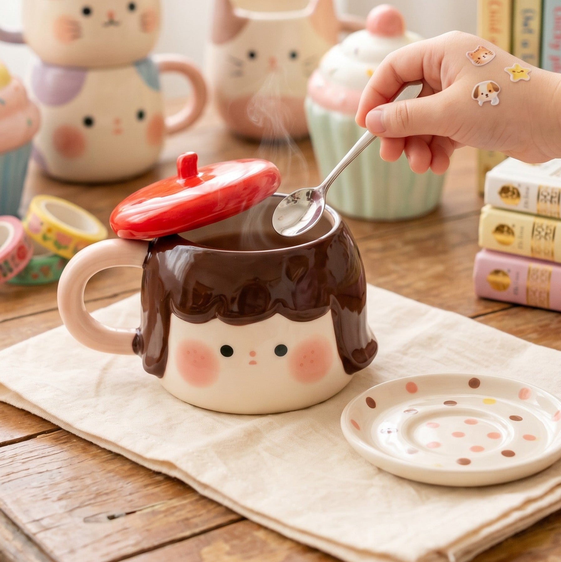 Keeyos PH Pippa Blushing Mug with a red beret lid, featuring a cute face with rosy cheeks and brown hair.