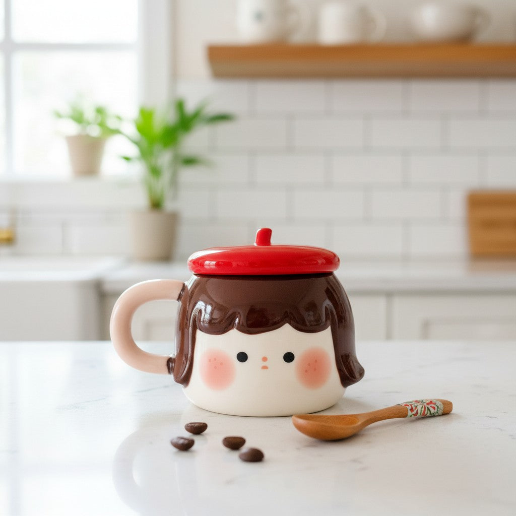 Keeyos PH Pippa Blushing Mug with a red beret lid, brown hair, and rosy cheeks.
