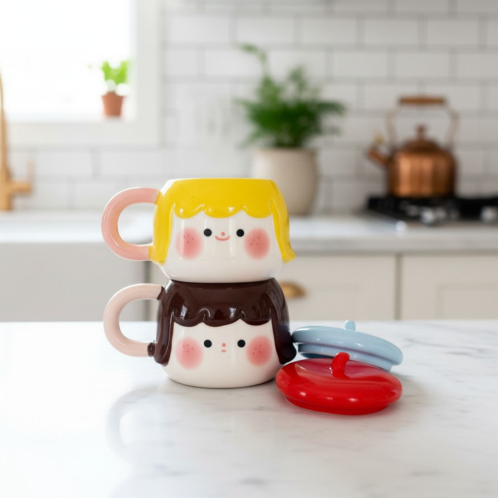 Keeyos PH Pippa Blushing Mug with yellow hair, pink handle, and brown hair. Includes red and blue lids.