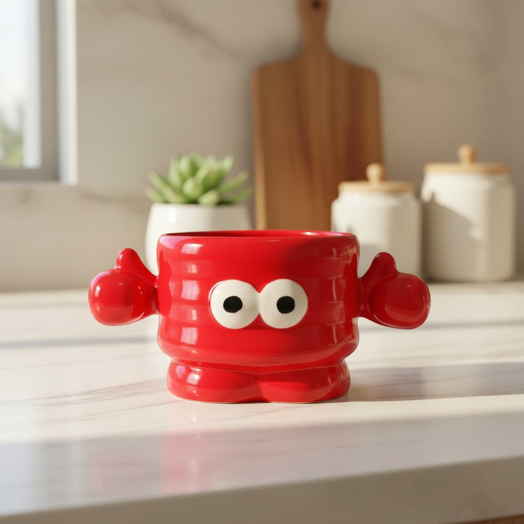 Keeyos PH red ceramic character mug with googly eyes and thumbs up, 12 oz