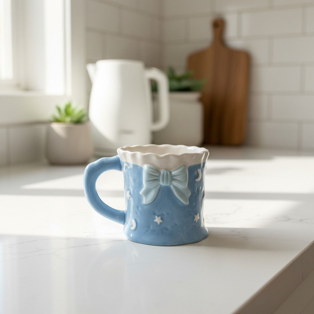 Keeyos PH pastel ceramic mugs with starry and moon patterns, featuring a bow accent and ruffled rim.