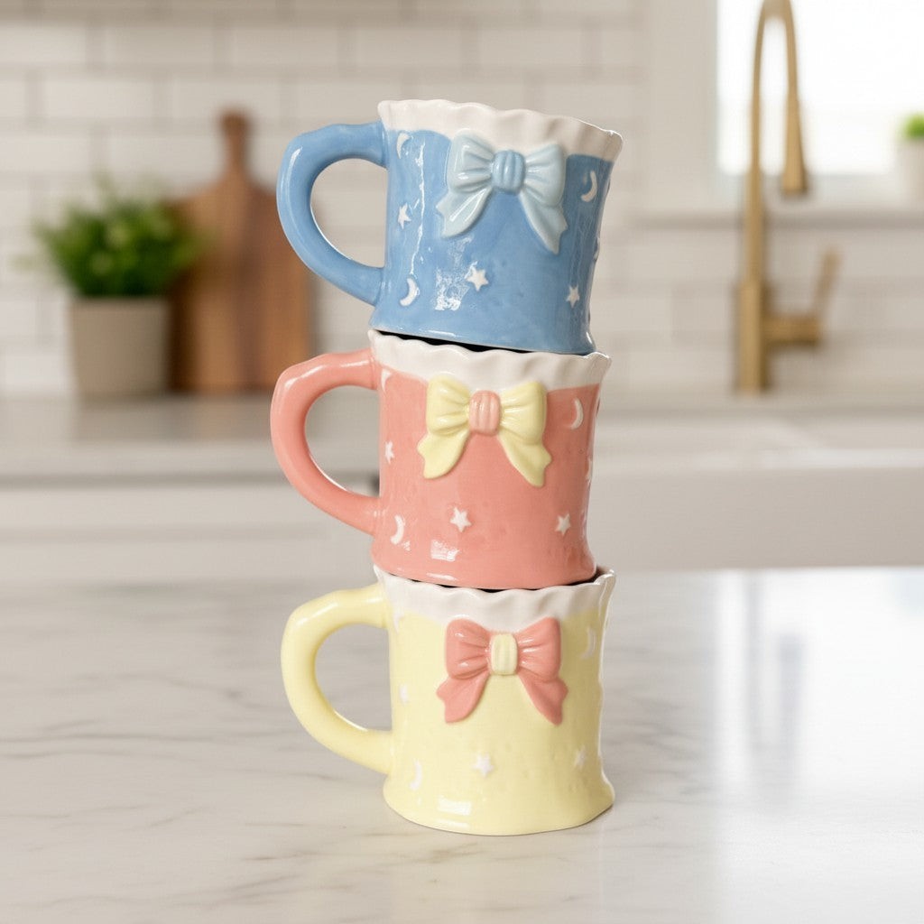 Keeyos PH pastel ceramic mugs with starry and moon patterns and bow details. Available in blue, pink, and yellow.