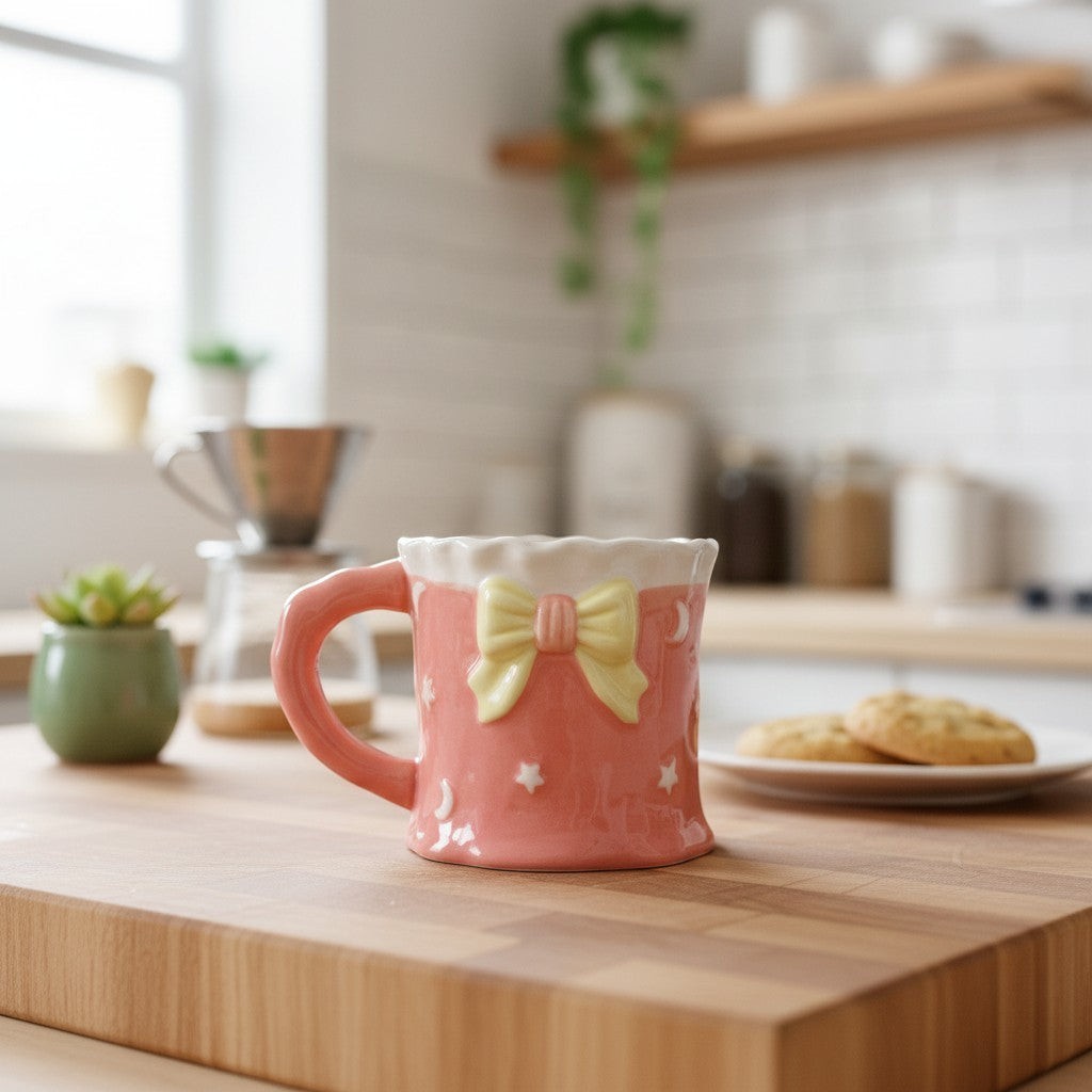 Keeyos PH pink ceramic mug with yellow bow and starry moon pattern, ruffled rim