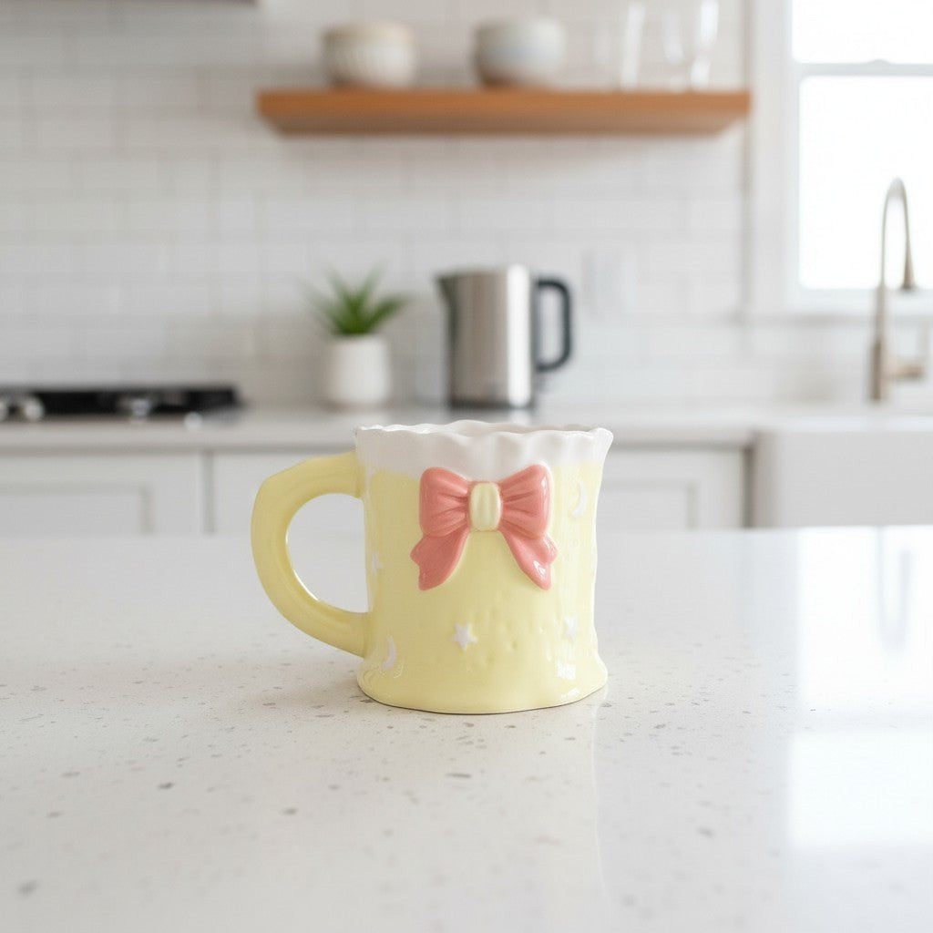 Keeyos PH yellow ceramic mug with pink bow and white stars and moons. Ruffled white rim.
