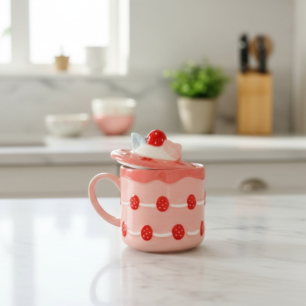 Keeyos PH Kawaii strawberry shortcake mug with pink frosting and red polka dots, ceramic with lid.