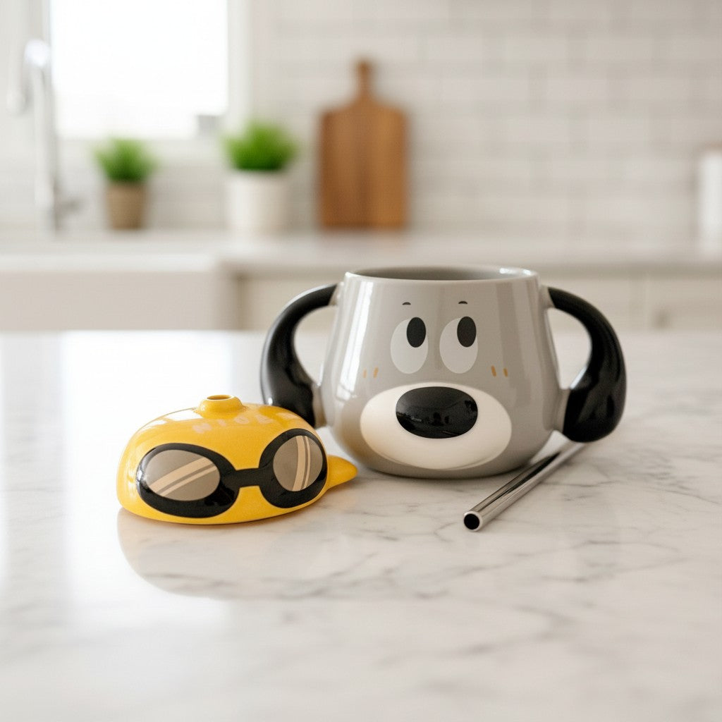 Keeyos PH Sunny Woof Cup, a grey ceramic mug with black dog ears and a cute face, comes with a yellow lid featuring goggles.