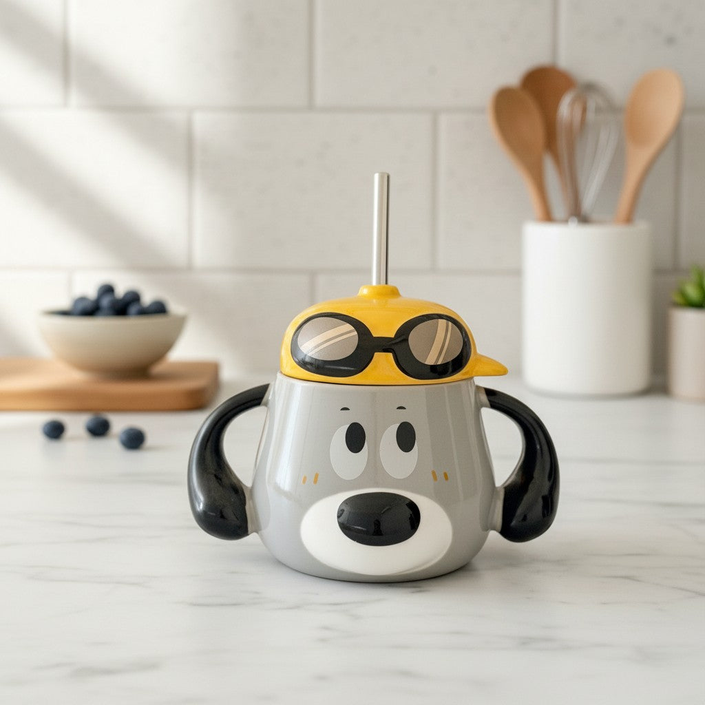 Keeyos PH Sunny Woof Cup, a grey ceramic mug with black handles, featuring a cartoon dog face and a yellow aviator hat lid with goggles.