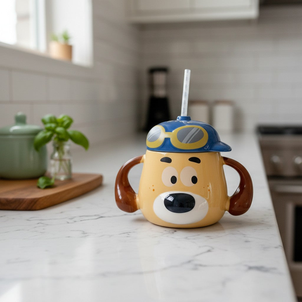 Keeyos PH yellow dog-shaped sippy cup with blue aviator hat and goggles, and a straw.