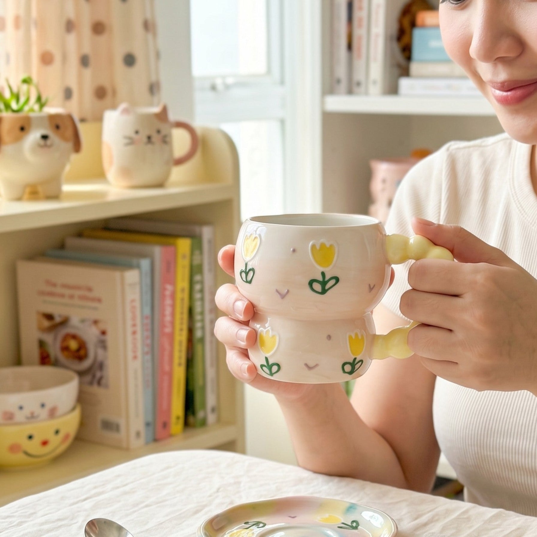 Keeyos PH hand-painted ceramic mug with pastel pink base, yellow tulips, and puffy yellow handle.