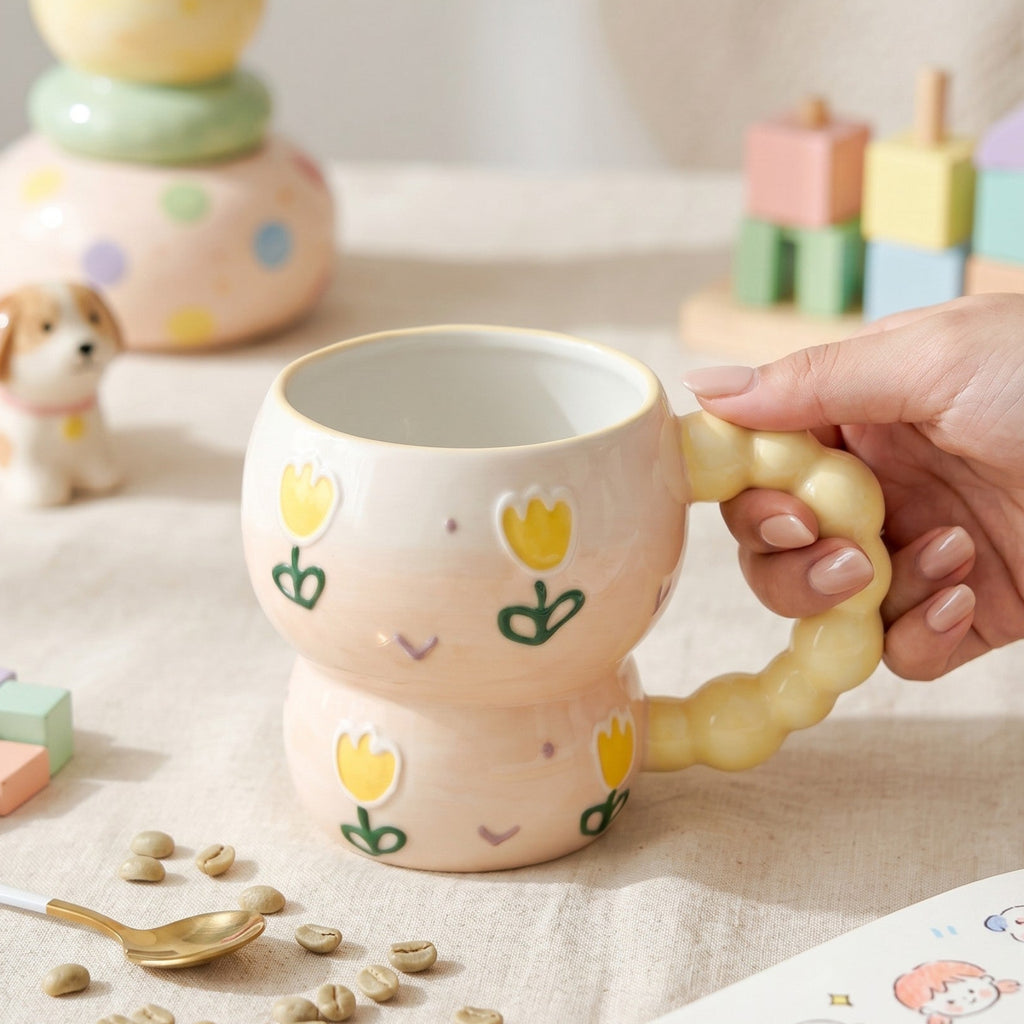 Keeyos PH hand-painted ceramic mug with pastel pink base, yellow tulips, and puffy yellow handle.
