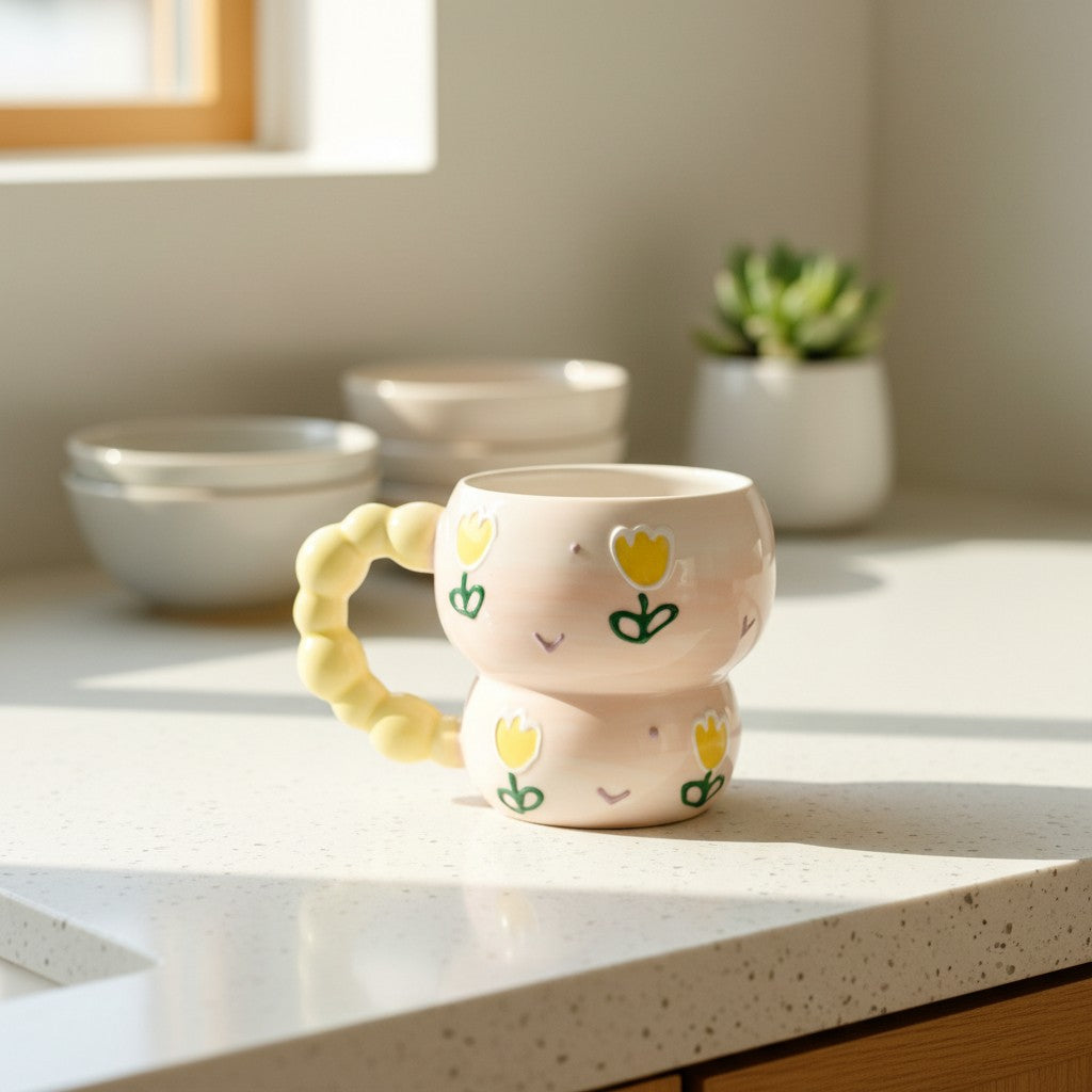 Keeyos PH hand-painted ceramic mug with yellow tulips and a puffy yellow handle. Pastel pink base with purple accents.