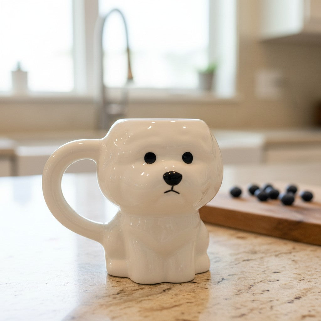 Keeyos PH white ceramic dog mug with sculpted fur texture and minimalist black face details.