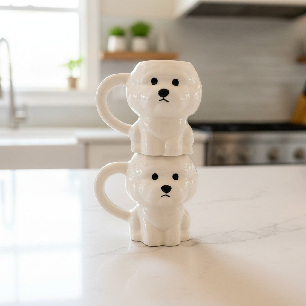 Keeyos PH white ceramic dog mug with sculpted body, head, and paws. Features a high-gloss finish and minimalist black facial details.